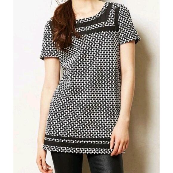 Anthropologie Postage Stamp Black White Check Tunic Top Knit Mini Dress Women M - Picture 1 of 16